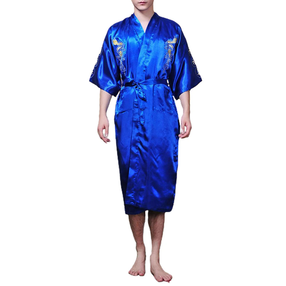 Men's Satin Robes Chinese Style Dragon Embroidery Kimono Silk-like Bathrobe Pajamas Sleepwear Gown Bath Robe