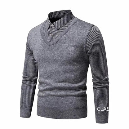 Men Twinset Sweaters Outwear Casual Pullovers Shirts Good Quality Male Winter Warm Fake Two Pieces Sweaters Sweatercoats 4XL