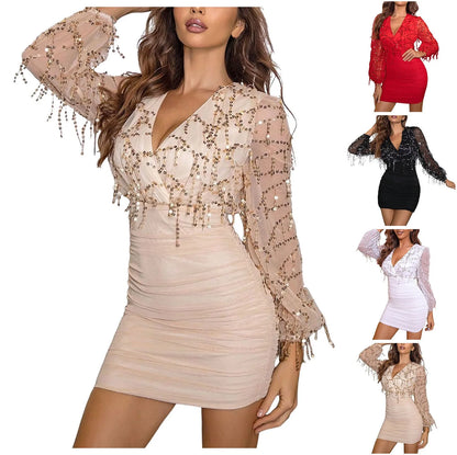 Sexy Evening Dress For Women See Through Sequin Women Elegant Mesh Long Sleeve Party Dress Bodycon Club Birthday Dress Vestidos