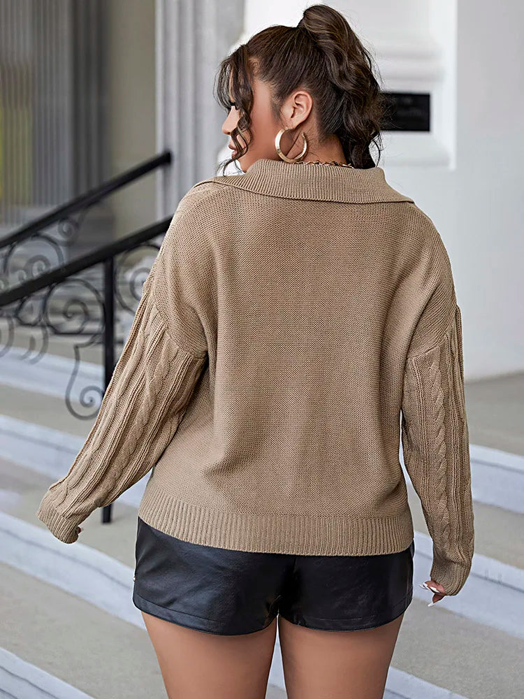 ONELINK Solid Khaki Cable Pattern Big Cowl Neck Plus Size Sweater Long Sleeve Inmitation WS Cashmere Soft Daily Outfit For Woman