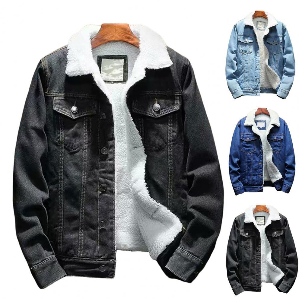 Men Jean Jacket Thicken Lamb Cashmere Lining Solid Color Coldproof Outerwear Winter Single Breasted Denim Coat Streetwear