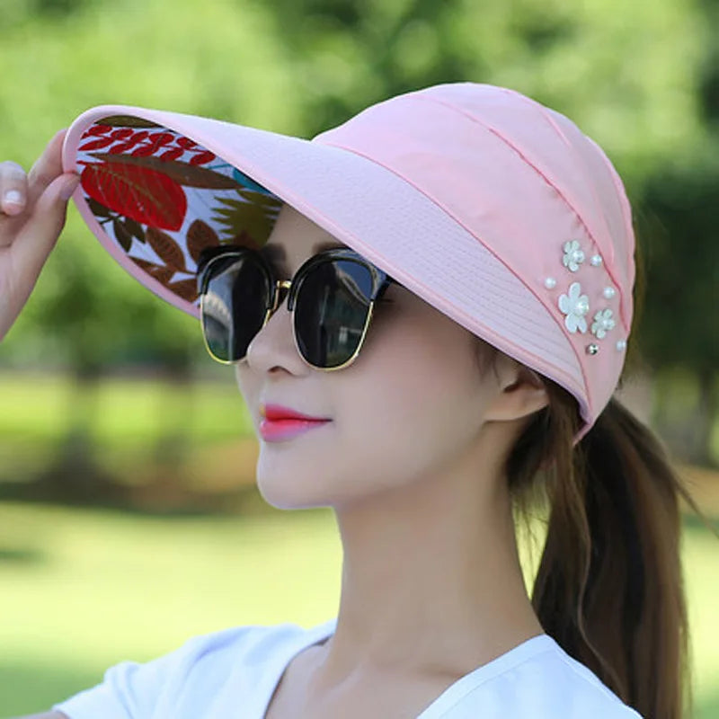 Summer Hats for Women Foldable Sun Hat Pearl Flower Visor Suncreen Floppy Cap Female Outdoor Casual Baseball Cap Hat for Woman