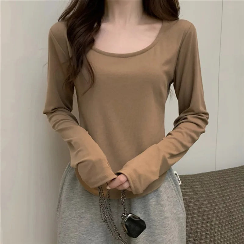 Square Neck Long Sleeve T-Shirt Women Spring Autumn New Irregular Hem Slim Casual Top Winter Solid Bottom Shirts New Korean