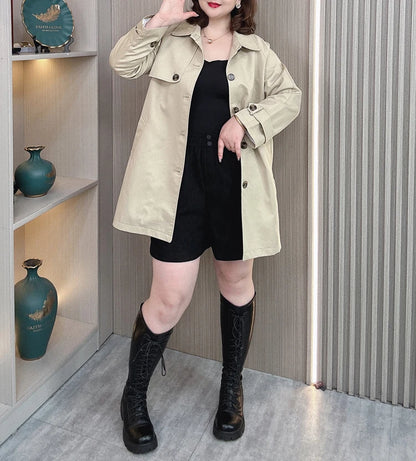 Women's Washed Cotton Trench Coat, Single Breasted, Medium Long, British Wind Outerwear, Loose, Plus Size, Autumn, New, 2311