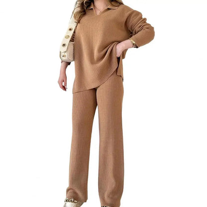 Women Two-piece Suit Cozy Knitted Women's Pajama Set with V Neck Top Wide Leg Trousers for Fall Winter Loungewear Collection