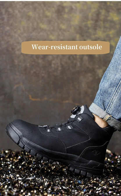 Black Leather Winter Fashion 2023 Rotating Buttons Safety Shoes Men Waterproof Work Boots Men Anti-puncture Protective Footwear