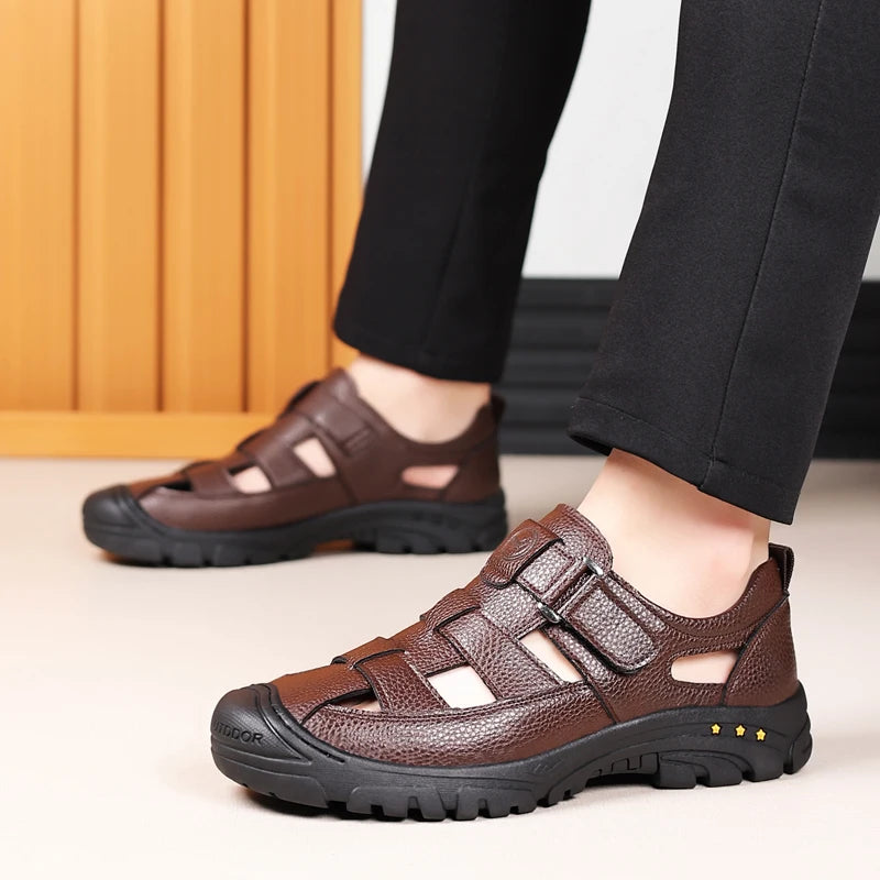 2023 New Summer Men Comfort Sandals Hollow Out Breathable Genuine Leather Casual for Driving Beach Vacation Soft Sole Men Sandal