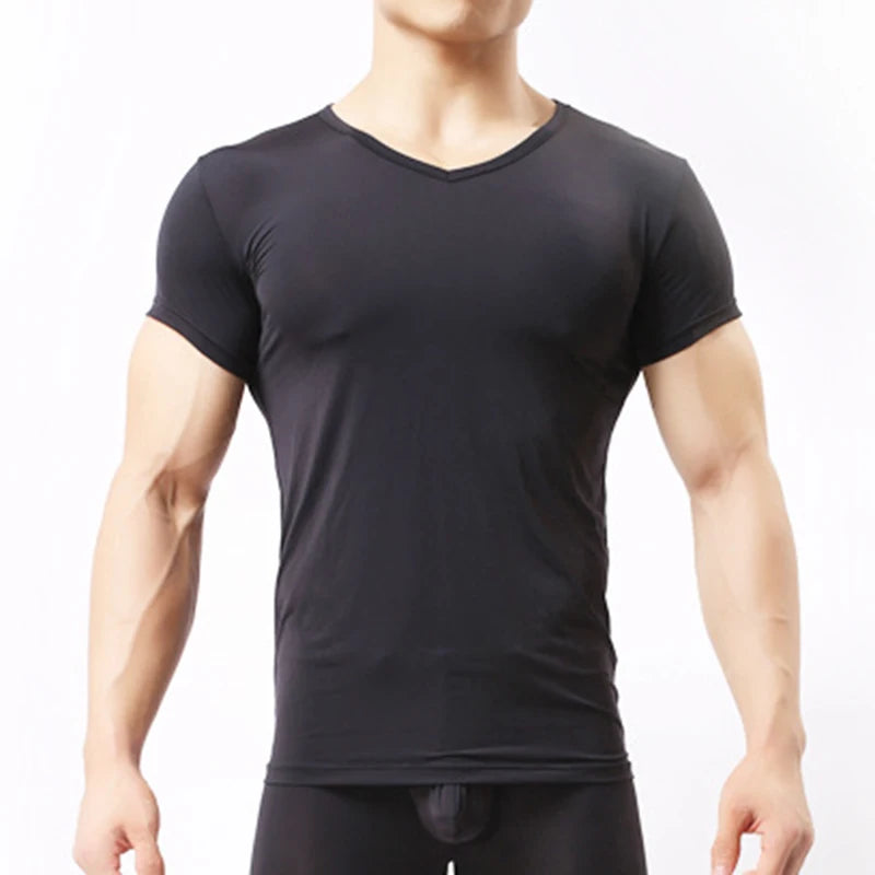 Super thin Muscle men's cool summer casual fitness v-neck short t-shirts modal cotton obesity man t-shirt