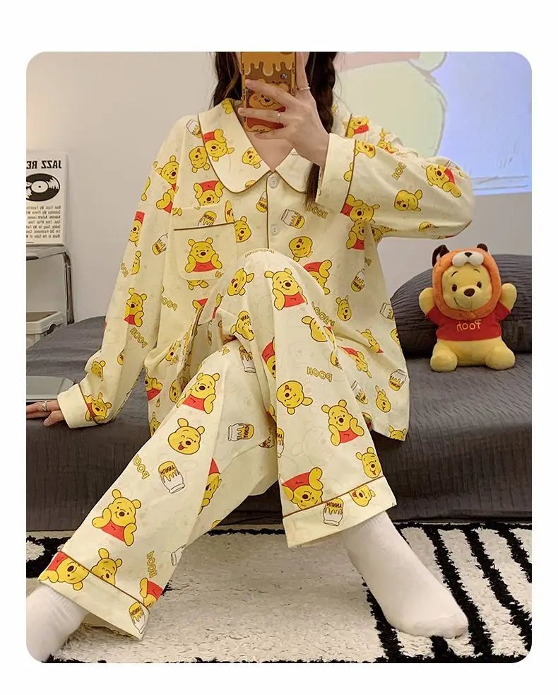 Elegant Winnie The Pooh Bear Cute Pajamas Women Spring Autumn Long Sleeve Sleepwear Fashion Kawaii Loose Cartoon Home Clothes Y2k