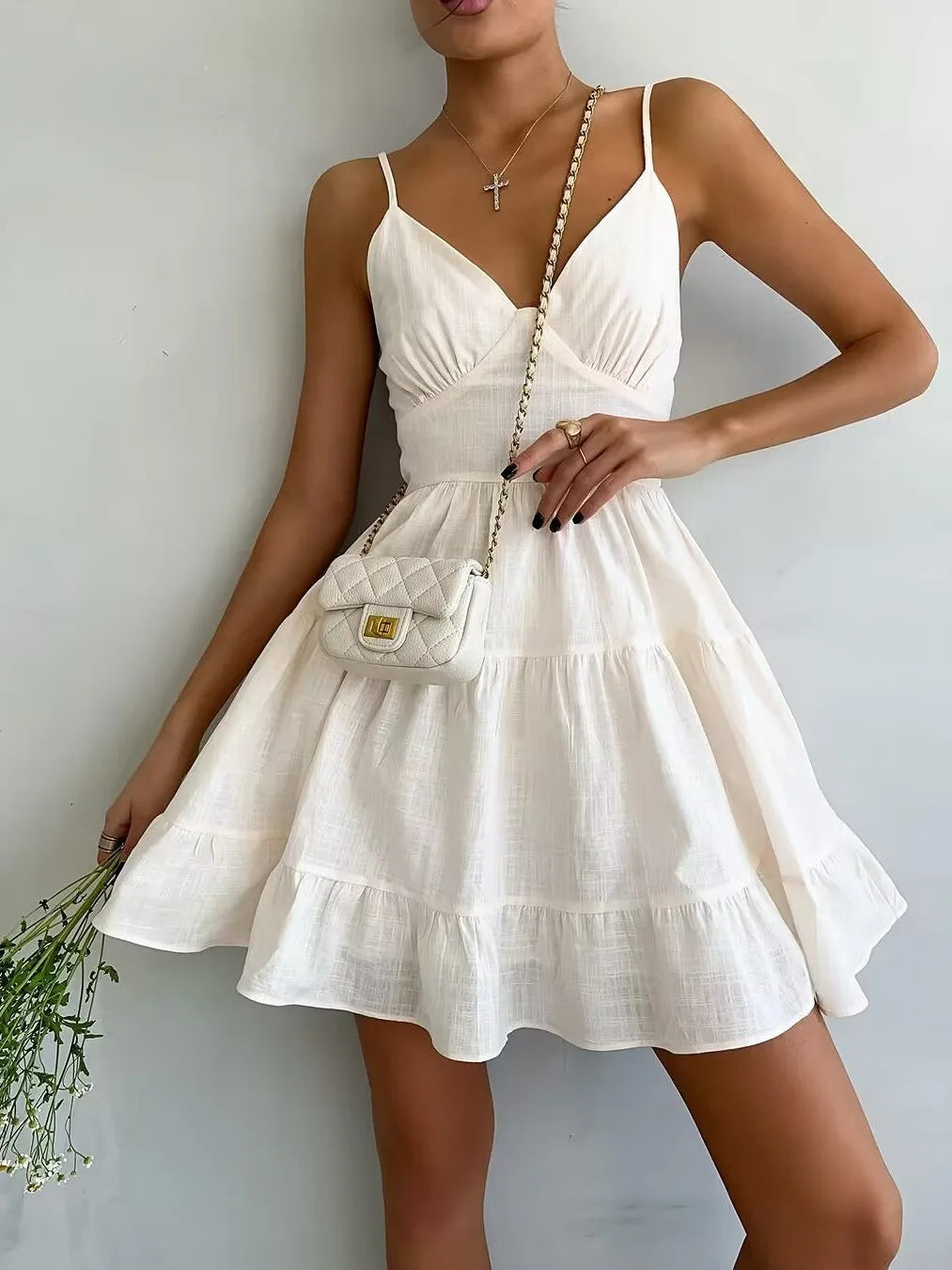 Sexy Cotton White Sling Mini Dress Women Summer Fashion V-neck Sleeveless A-line Slim Dresses Hot Girl Backless Beach Sundress