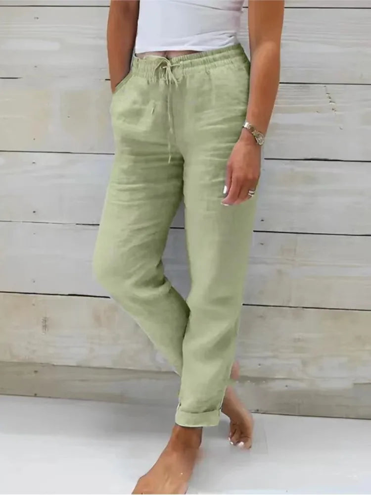 Women's High Waist Solid Color Cotton Linen Casual Pants Fashion Summer Female Holiday Casual Long Pant New 2024