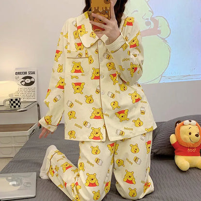 Elegant Winnie The Pooh Bear Cute Pajamas Women Spring Autumn Long Sleeve Sleepwear Fashion Kawaii Loose Cartoon Home Clothes Y2k