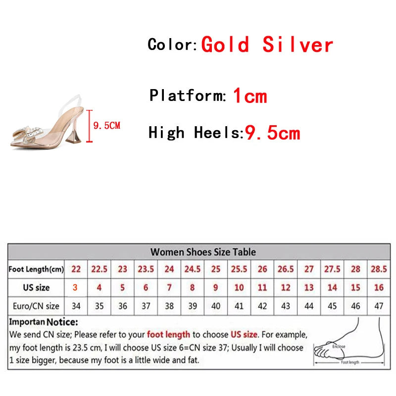 Liyke PVC Transparent Women Pumps Sexy Crystal Bowknot Pointed Toe  Slingback High Heels Mules Sandal Female Wedding Prom Shoes