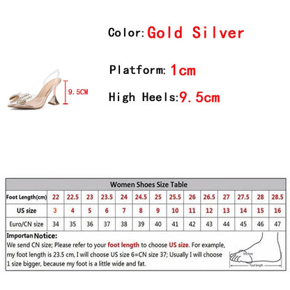 Liyke PVC Transparent Women Pumps Sexy Crystal Bowknot Pointed Toe  Slingback High Heels Mules Sandal Female Wedding Prom Shoes