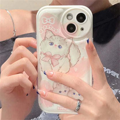 Korean Cute Cartoon Kitten Phone Case For iPhone 15 14 13 12 Pro Max X XS XR 7 8 Plus SE Lovely Cat Shockproof Soft Cover Funda A