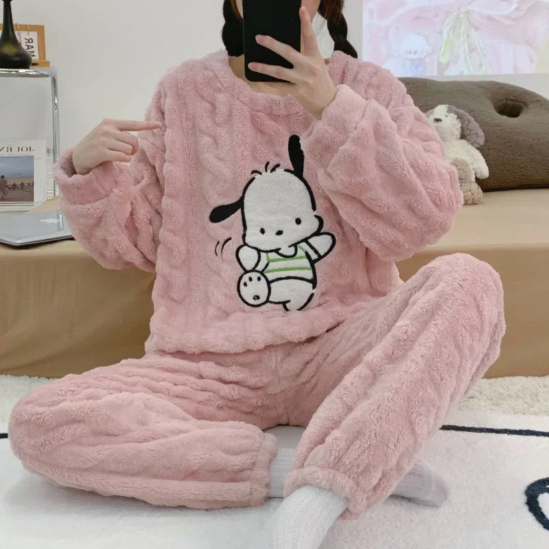 Kawaii Hello Kitty 2Pcs Plush Pajama Set Sanrioed Pochacco Cartoon Anime Winter Women Homewear Winter Thicken Girls Keep Warm