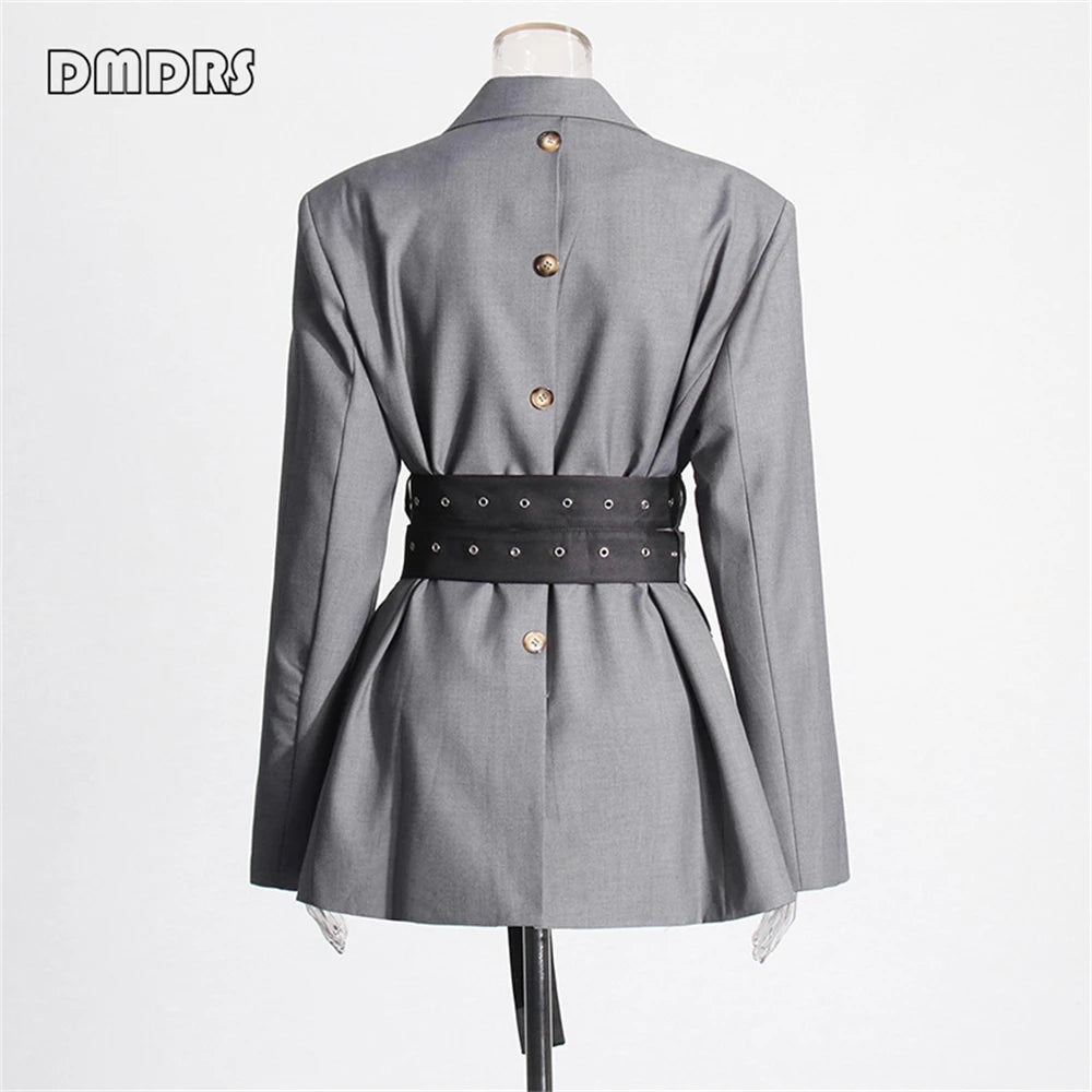 High Street Women's Suit Jacket, Fashionable Belt Notched Jacket for Women, Regular Fit Autumn Outfit