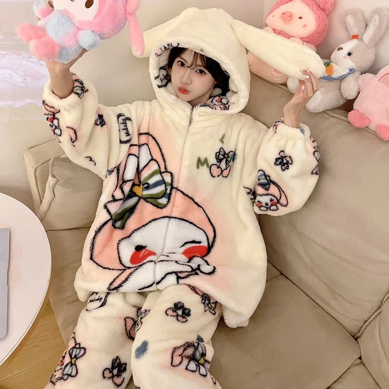 Sanrio Cartoon Hello Kitty Pajamas Female Flannel autumn Winter New Plus Thicken Velvet Sweet Keep Warm Pajamas set leisure wear