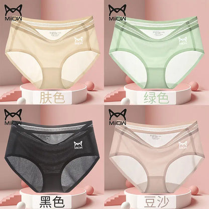 Cat Man 3/4 Ice Silk Women's Underwear Women's Antibacterial Cotton Crotch Adult Traceless Mid rise Silk Slippery New Briefs 4 piecesC 3pcs