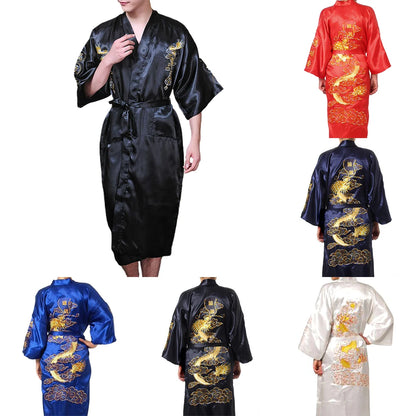 Men's Satin Robes Chinese Style Dragon Embroidery Kimono Silk-like Bathrobe Pajamas Sleepwear Gown Bath Robe