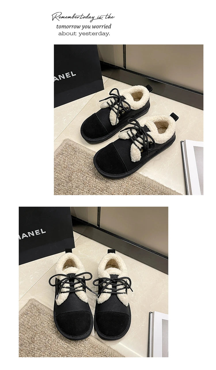 Fashion khaki Winter Shoes Women Low-cut Plush Flat Shoes for Women Non-slip Outdoor Female Cotton Shoes Cozy Fur Ladies Loafers