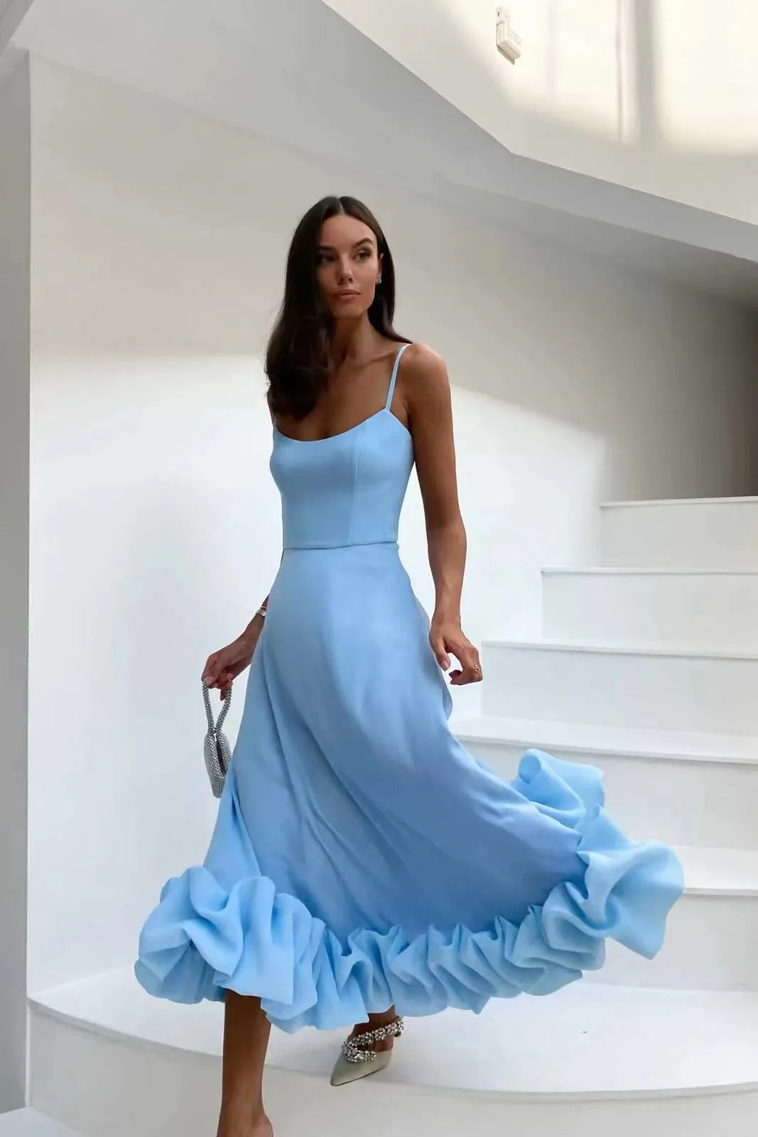 Elegant Ruffle Solid Sling Long Dress Women Strap Waist Party Dresses Fashion Sleeveless Backless Beach Swing skirt A-line tutu Sky blue