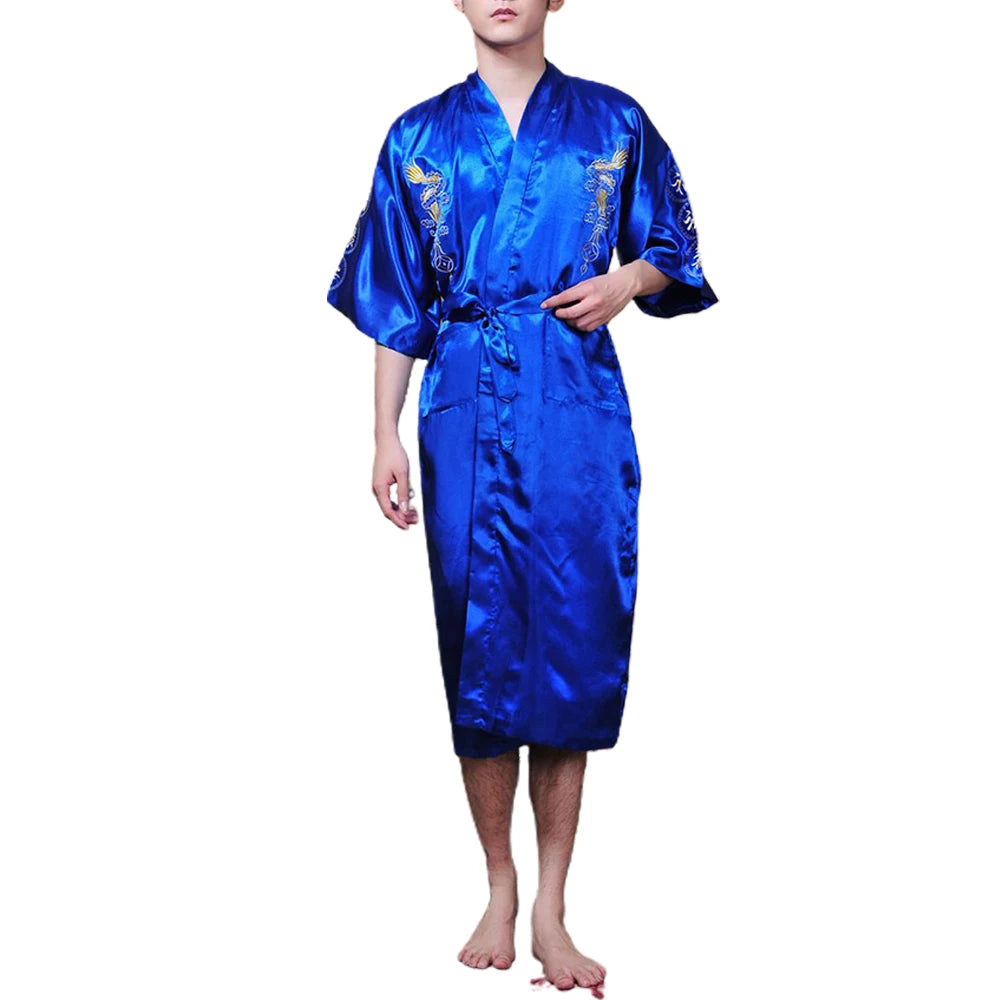 Men's Satin Robes Chinese Style Dragon Embroidery Kimono Silk-like Bathrobe Pajamas Sleepwear Gown Bath Robe