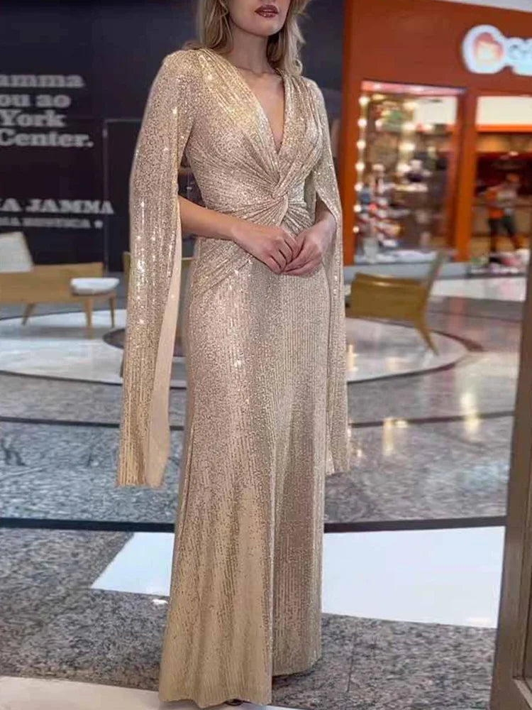 Chic Party Club Lady Sequins Slim Fit Dress Hollow Out Patchwork Long Sleeve Long Dress Women V Neck Zipper High Waist Dresses