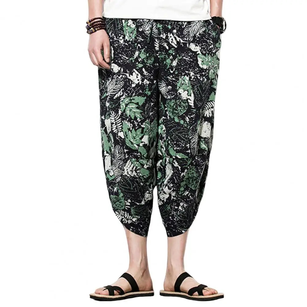 Harajuku Summer Loose Calf Length Casual Pants Men Wide Leg Cotton Linen Printing Baggy Pants Oversize Men's Trousers Green CHINA