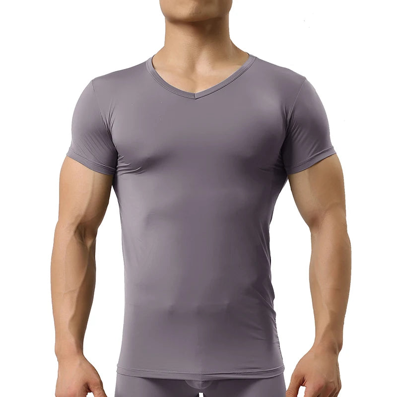 Super thin Muscle men's cool summer casual fitness v-neck short t-shirts modal cotton obesity man t-shirt NIO12 Gray