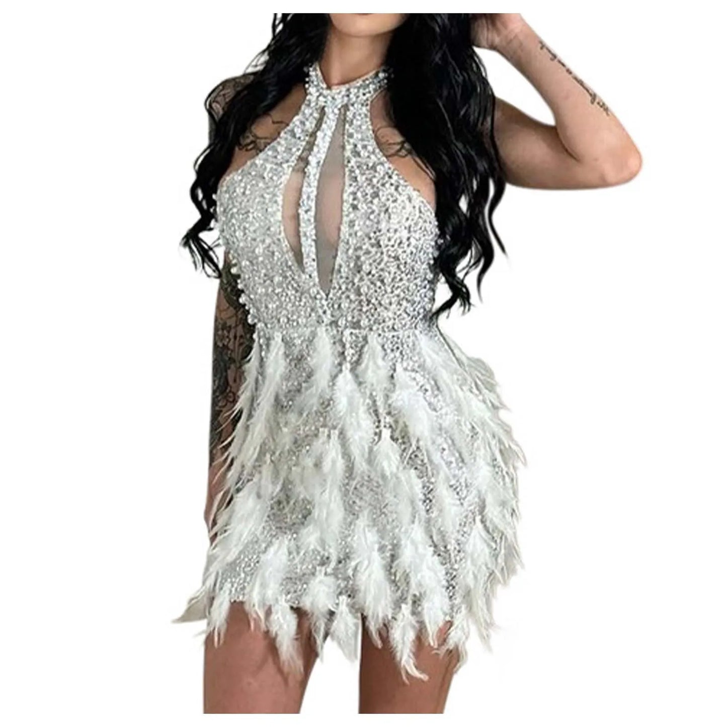 Women Sequined Feather Sleeveless O-neck Mesh Bodycon Mini Dress 2024 New Sexy Holiday Party Evening halter Dresses Vestidos