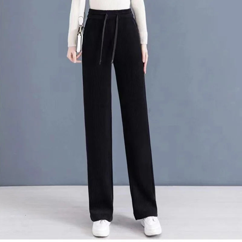 Women's Clothing 2023 New Spring Autumn Thin Loose Solid Color Lacing Drawstring Elastic Waist Pocket Straight Wide Leg Pants black