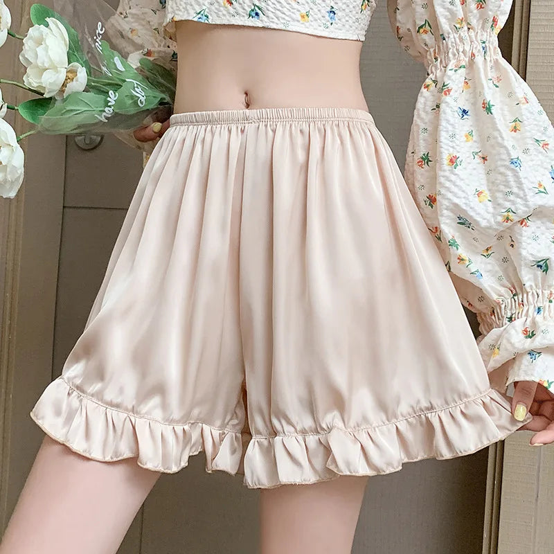 Satin Ice Silk Ruffle Short Pants Women's Summer Loose Home Safety Pants Under Skirt Seamless Sexy Underwear Breath Cool Shorts