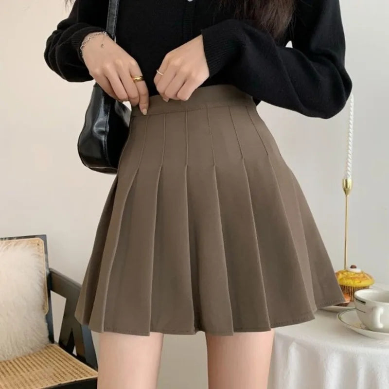 Women's Skirt Shorts High Waist A-line Student Pleated Skirts Solid Casual Clothes Dance Mini School Girls Skirts Kawaii Faldas Khaki