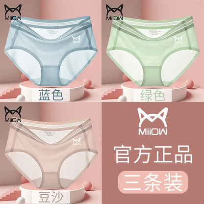 Cat Man 3/4 Ice Silk Women's Underwear Women's Antibacterial Cotton Crotch Adult Traceless Mid rise Silk Slippery New Briefs 3 piecesG 3pcs