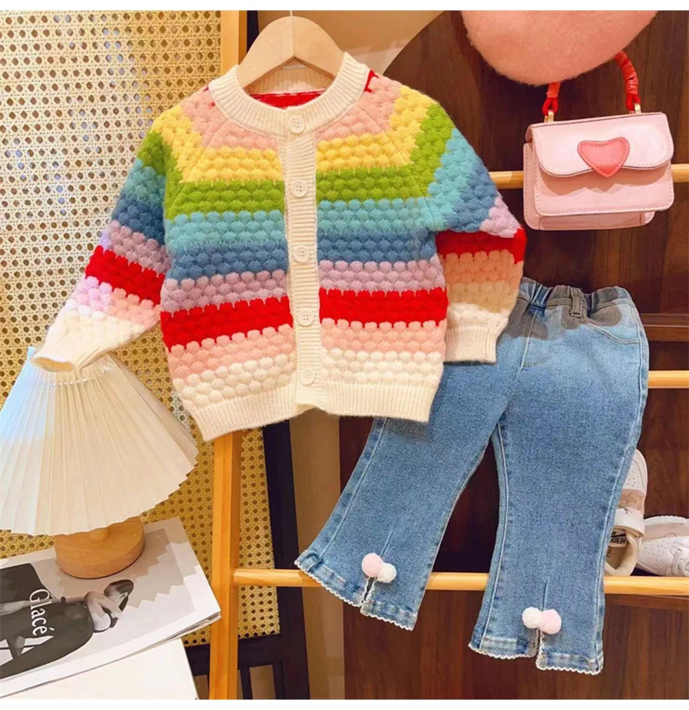 Rainbow Striped Knitted Cardigans for Kids Baby Girls Autumn Winter Long Sleeve Single-breasted Sweater Coats Children Clothes