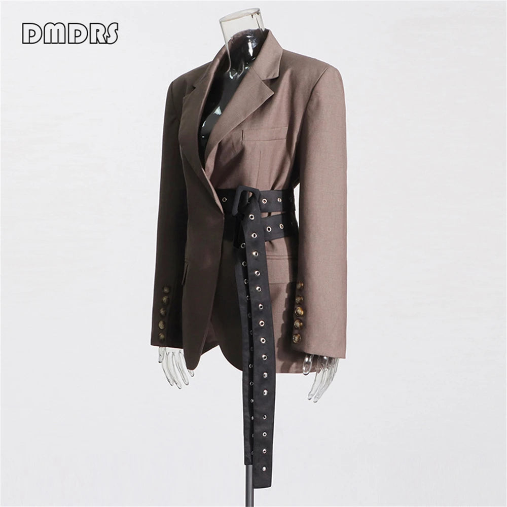 High Street Women's Suit Jacket, Fashionable Belt Notched Jacket for Women, Regular Fit Autumn Outfit