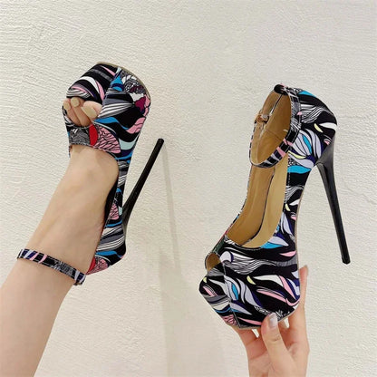 Eilyken Designer Print Peep Toe Ultra Thin High Heels Women Pumps Sexy Pole Dancing Ankle Buckle Strap Ladies Shoes