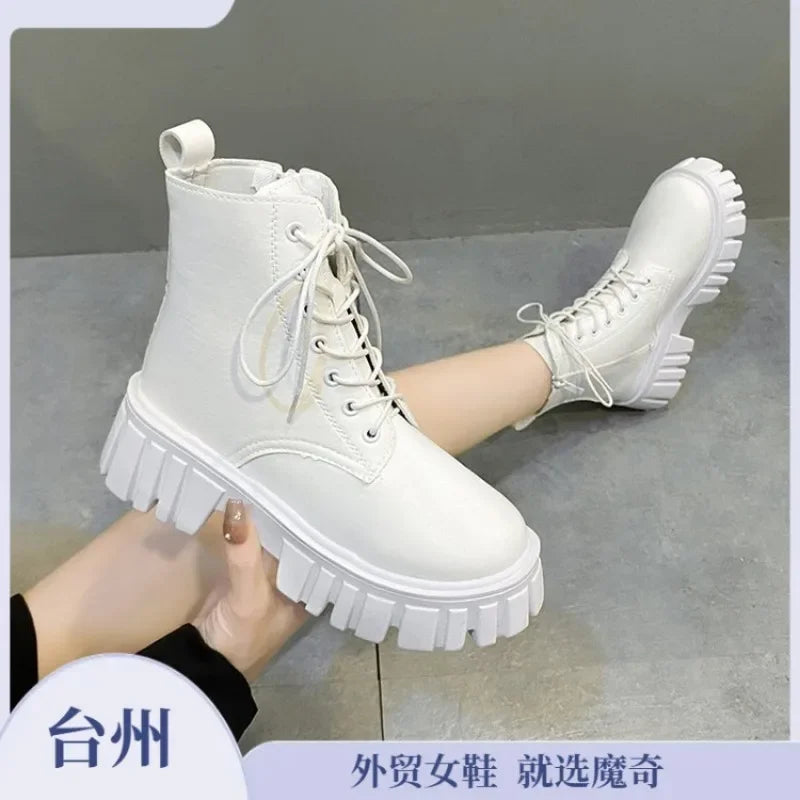 Rimocy Chunky Platform White Ankle Boots Women Autumn Winter Pu Leather Combat Booties Mujer Punk Thick Bottom Motorcycle Boots