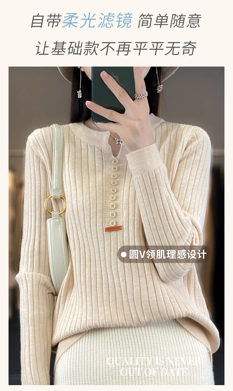 Women's Sweater Autumn/Winter New Solid Color Knitwear V-Neck Pullover Ladies Clothes Fashion Blouse Korean Style Loose Tops