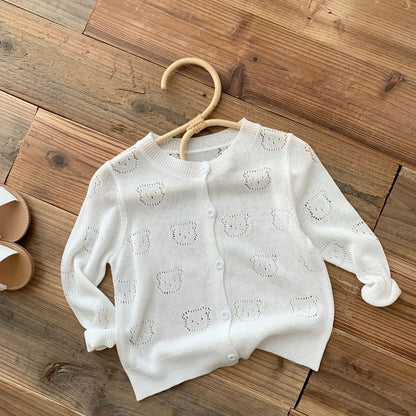 Simple Fashion Kid Air-Conditioned Cardigan: Solid Color Knitted Tops Hollow-Out Bear Sweater Coat Children Baby Boys Girls 0-6Y