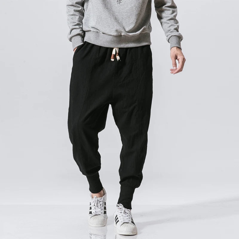 2023 Spring oversize casual pants men streetwear cotton linen harajuku joggers fashion baggy harem pants for man A11 Black CHINA