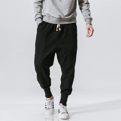 2023 Spring oversize casual pants men streetwear cotton linen harajuku joggers fashion baggy harem pants for man A11 Black CHINA