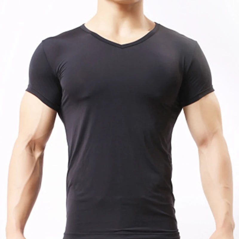 Super thin Muscle men's cool summer casual fitness v-neck short t-shirts modal cotton obesity man t-shirt black