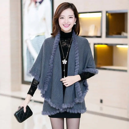 Real Rabbit Warm Spring Shawl Knitted Poncho Women Streetwear Pashmina Fashion Korean Version Two Layers Cardigan Emboss Capes