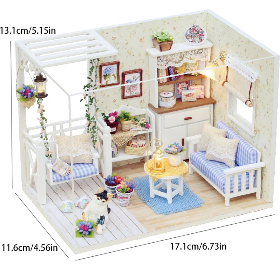 Kitten Mini Doll House Mini Model Building Kit Assembled House, Home Kit Creative Room Bedroom Decoration with Furniture, DIY Ha