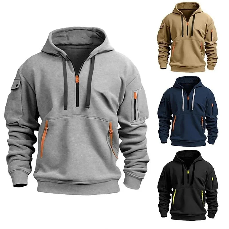 New Men's Leisure Sports Pullover Multi Zipper Arm Pocket Hoodie Set Autumn/Winter Fashion Hoodie Hoodie Men's Loose Coat 2024