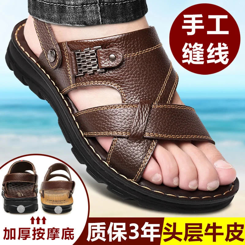 New arrivel noble Men's Sandals Non-slip Genuine Leather Sandals Soft Slippers Flat For Mens Casual Shoes Sandalias MSA516 Brown