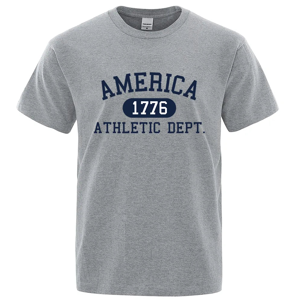 America 1776 Athletic Dept Letter Tshirt Man Fashion Tee Clothes Summer Luxury T-Shirt Hip Hop Breathable Cotton Tee Clothes Gray