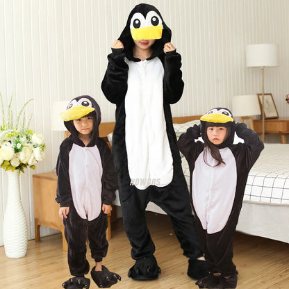 Unisex Adults Kids Black Penguin Costume Hooded Pajamas Onesies Family Clothes Party Cosplay Flannel Cartoon Animal Pyjamas